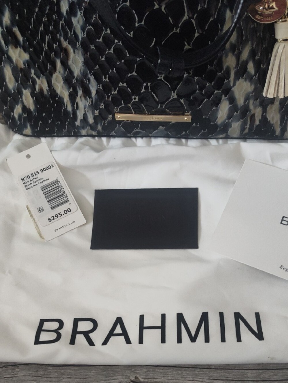 Brahmin Black & Cream Textured Shoulder Satchel with Tassel Charm - Picture 4 of 9